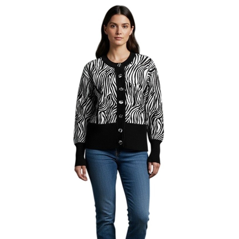 Peck & Peck‎ Weekend  Zebra Print Button Front Cardigan Black White - Women's S